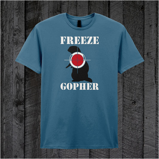 Indigo unisex t-shirt displaying the phrase "Freeze Gopher" alongside a black silhouette of a gopher with a target symbol on it, inspired by Caddyshack.