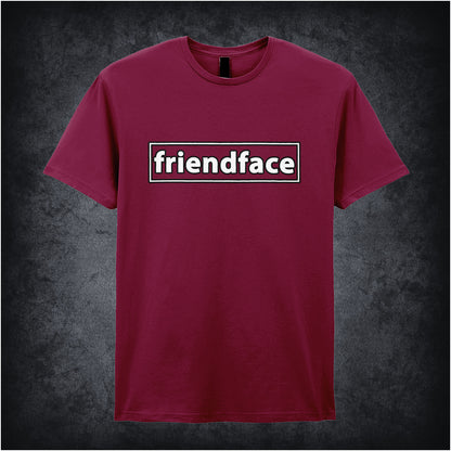 cardinal red unisex T-shirt featuring the “Friendface” logo inspired by The IT Crowd, designed in a parody social media style with bold, tech-inspired lettering.
