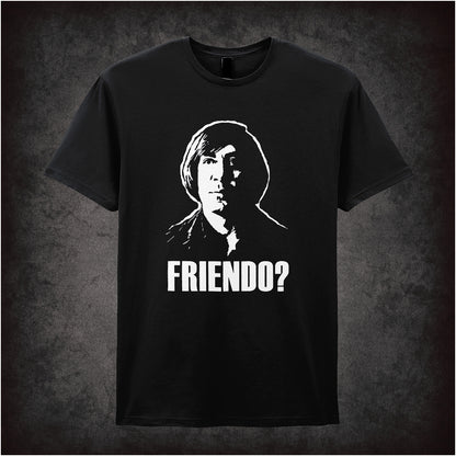Friendo soft-style black unisex t-shirt, No Country for Old Men inspired design, cult thriller film graphic tee for movie fans.