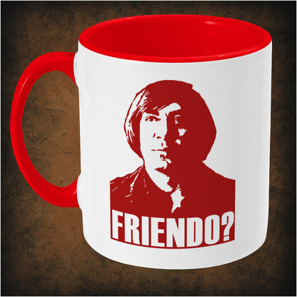 Two-tone ceramic mug featuring 'Friendo?' design inspired by No Country for Old Men, wrap-around print, dishwasher and microwave safe, left hand side perfect movie fan gift.