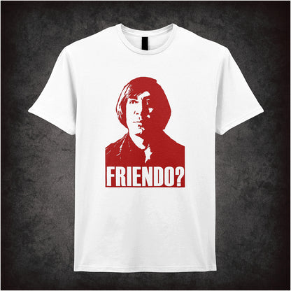 Friendo soft-style white unisex t-shirt, No Country for Old Men inspired design, cult thriller film graphic tee for movie fans.