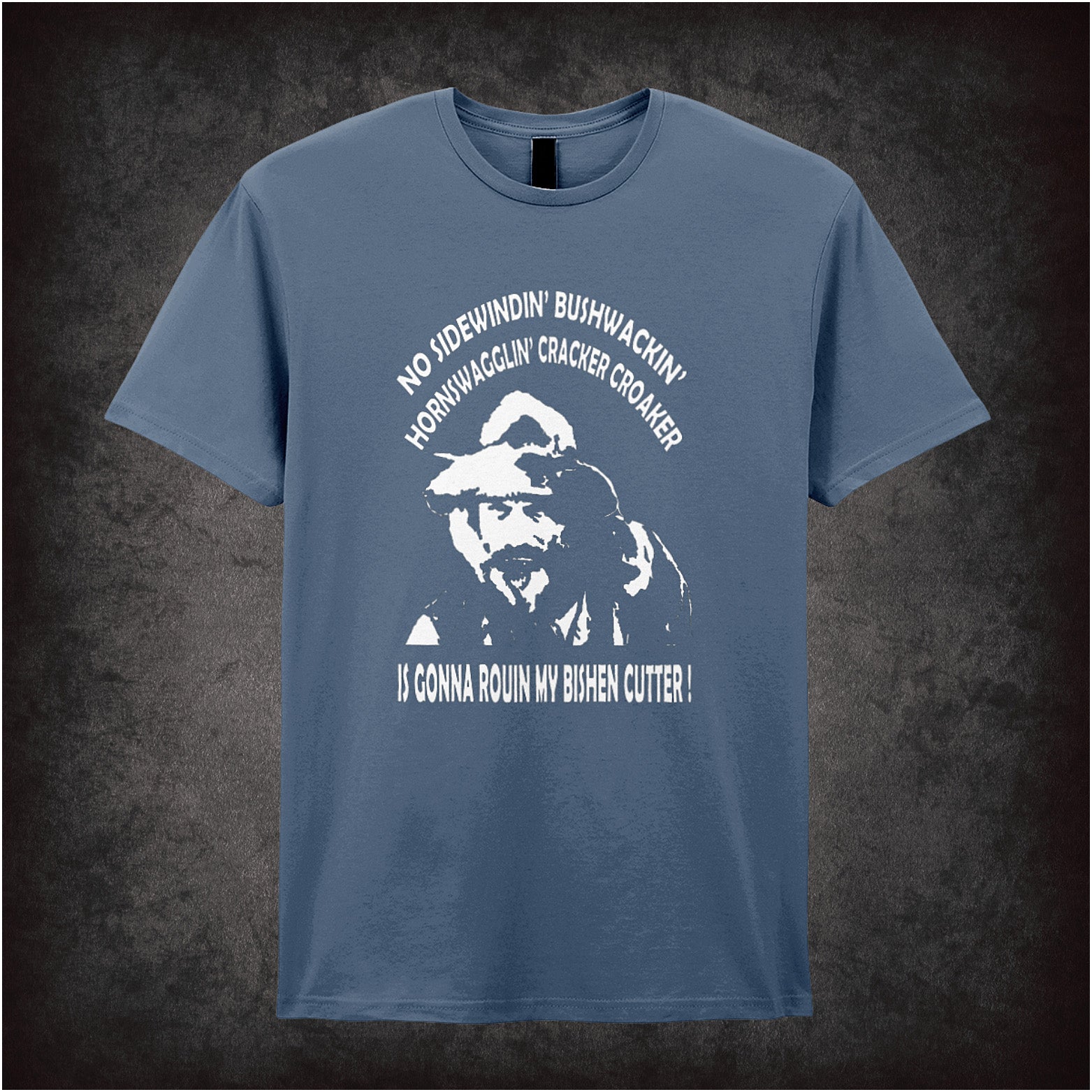 Gabby Johnson Blazing Saddles inspired soft style indigo unisex T-shirt featuring classic movie quote design, perfect for fans of vintage comedy films.