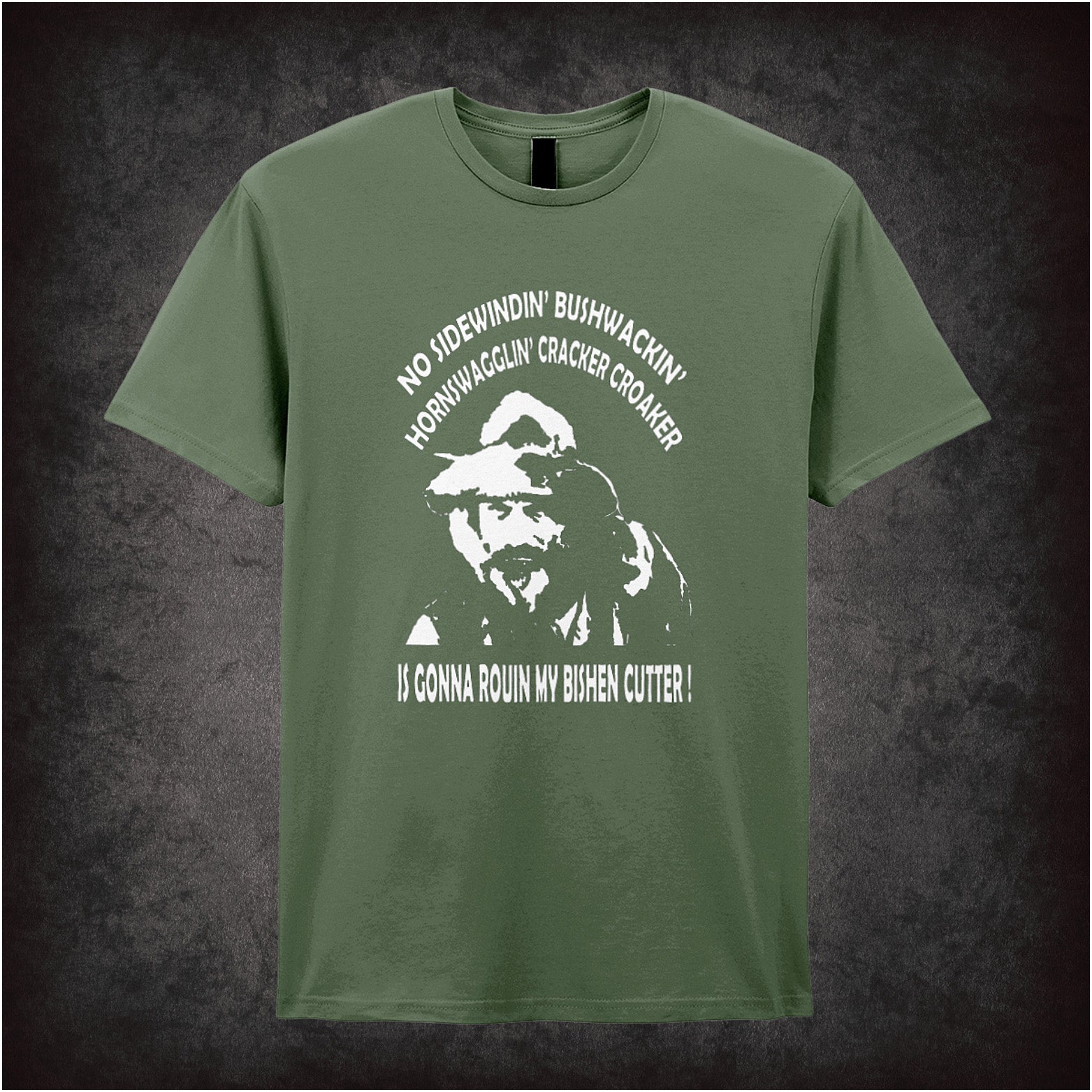 Gabby Johnson Blazing Saddles inspired soft style military green unisex T-shirt featuring classic movie quote design, perfect for fans of vintage comedy films.