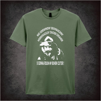 Gabby Johnson Blazing Saddles inspired soft style military green unisex T-shirt featuring classic movie quote design, perfect for fans of vintage comedy films.