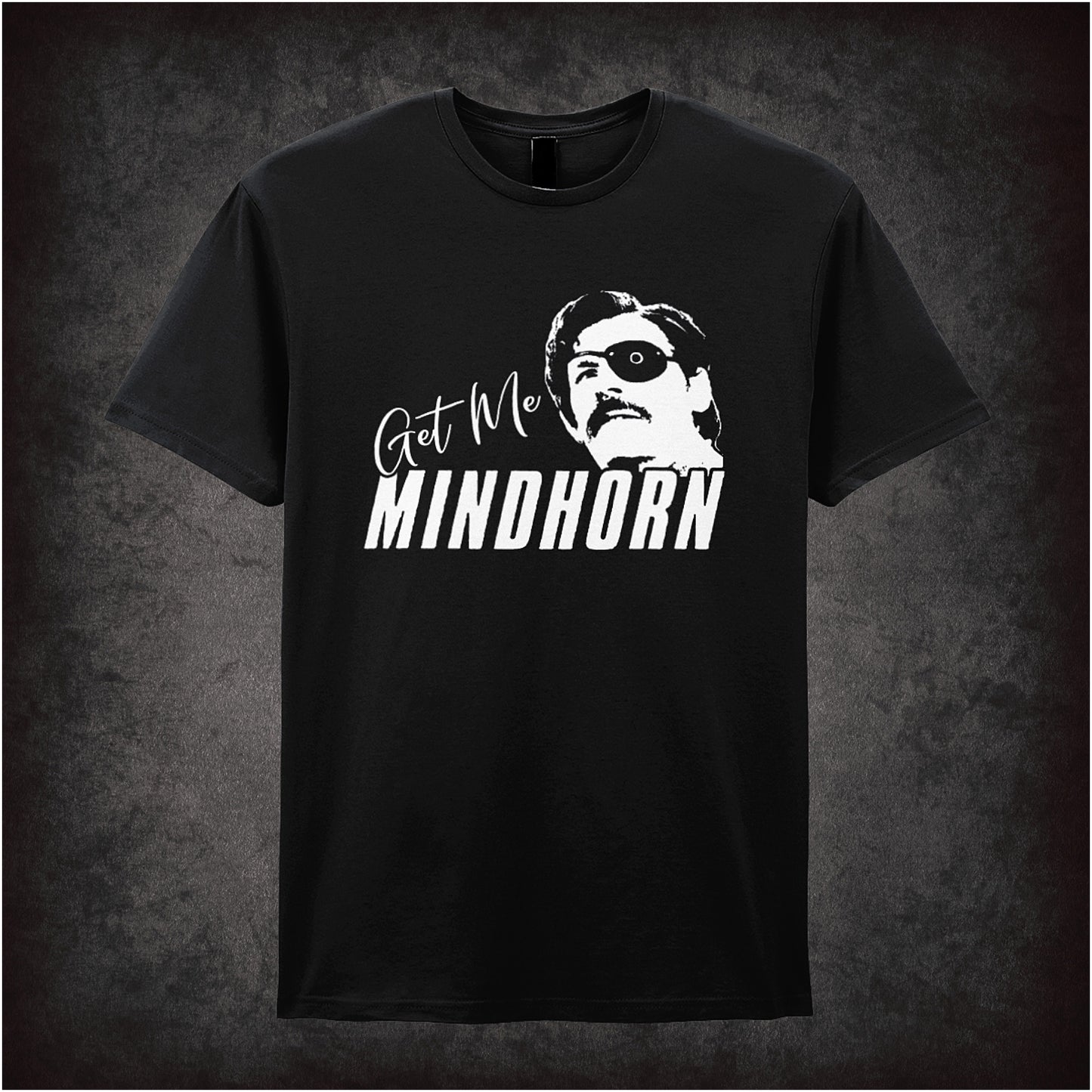 Get Me Mindhorn inspired soft style black unisex T-shirt featuring bold retro design based on the cult British comedy film, perfect for fans of Mindhorn.