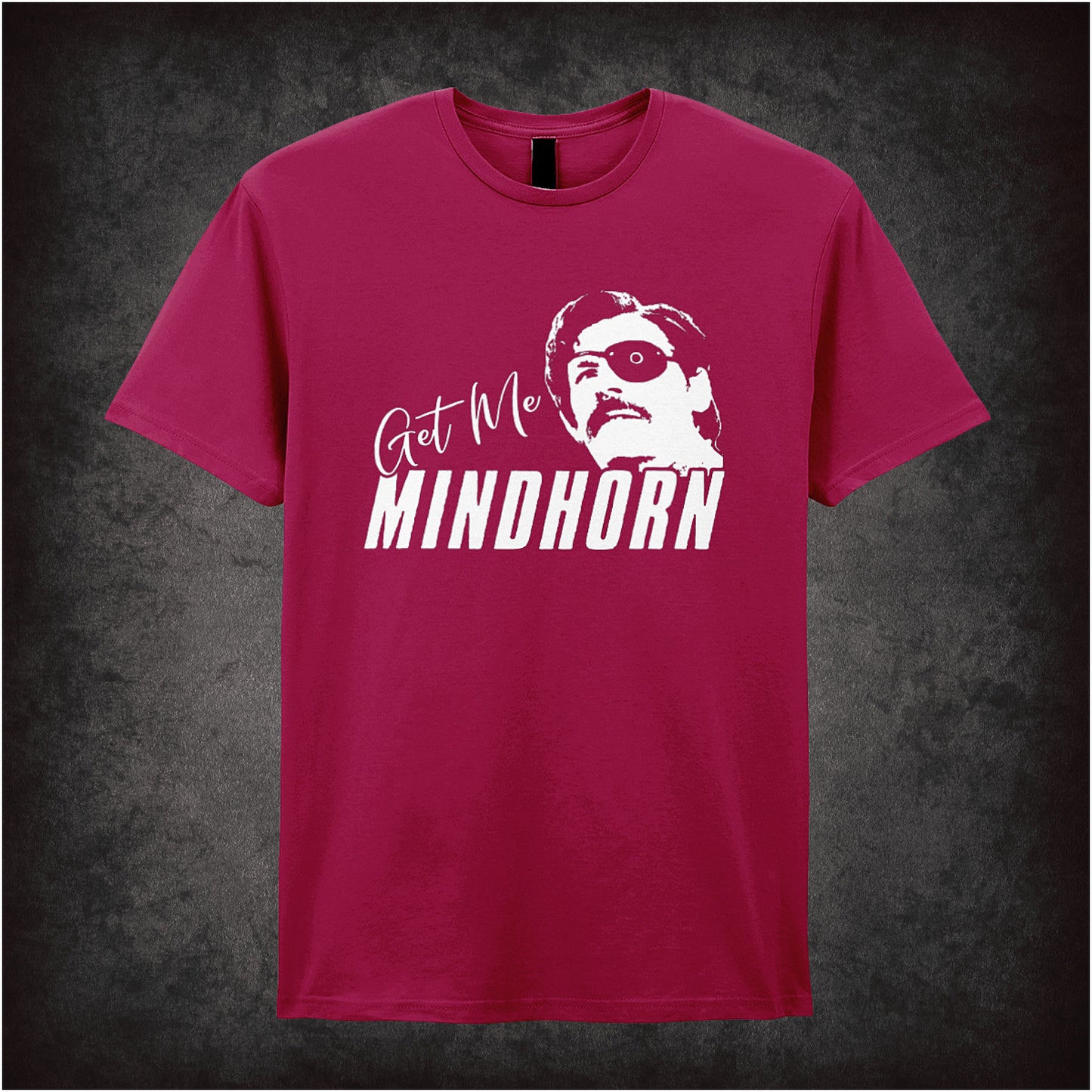 Get Me Mindhorn inspired soft style cardinal red unisex T-shirt featuring bold retro design based on the cult British comedy film, perfect for fans of Mindhorn.