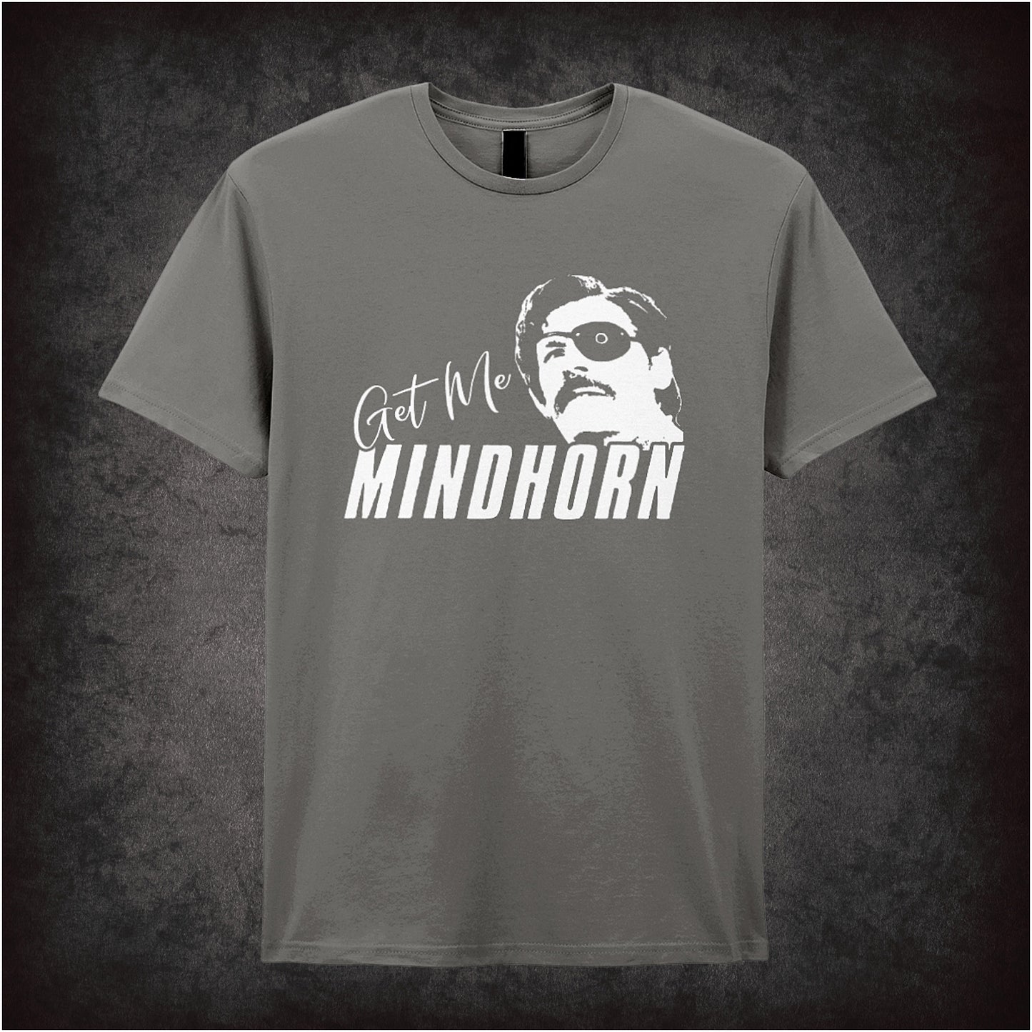 Get Me Mindhorn inspired soft style charcoal unisex T-shirt featuring bold retro design based on the cult British comedy film, perfect for fans of Mindhorn.