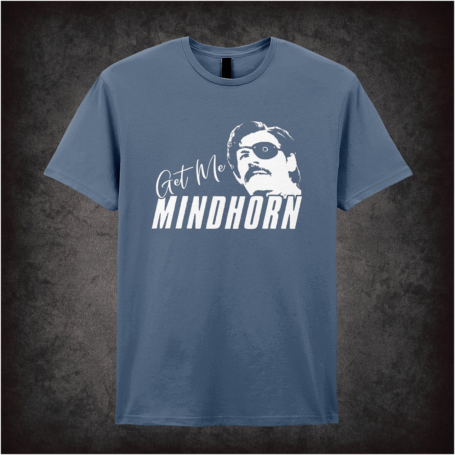 Get Me Mindhorn inspired soft style indigo unisex T-shirt featuring bold retro design based on the cult British comedy film, perfect for fans of Mindhorn.