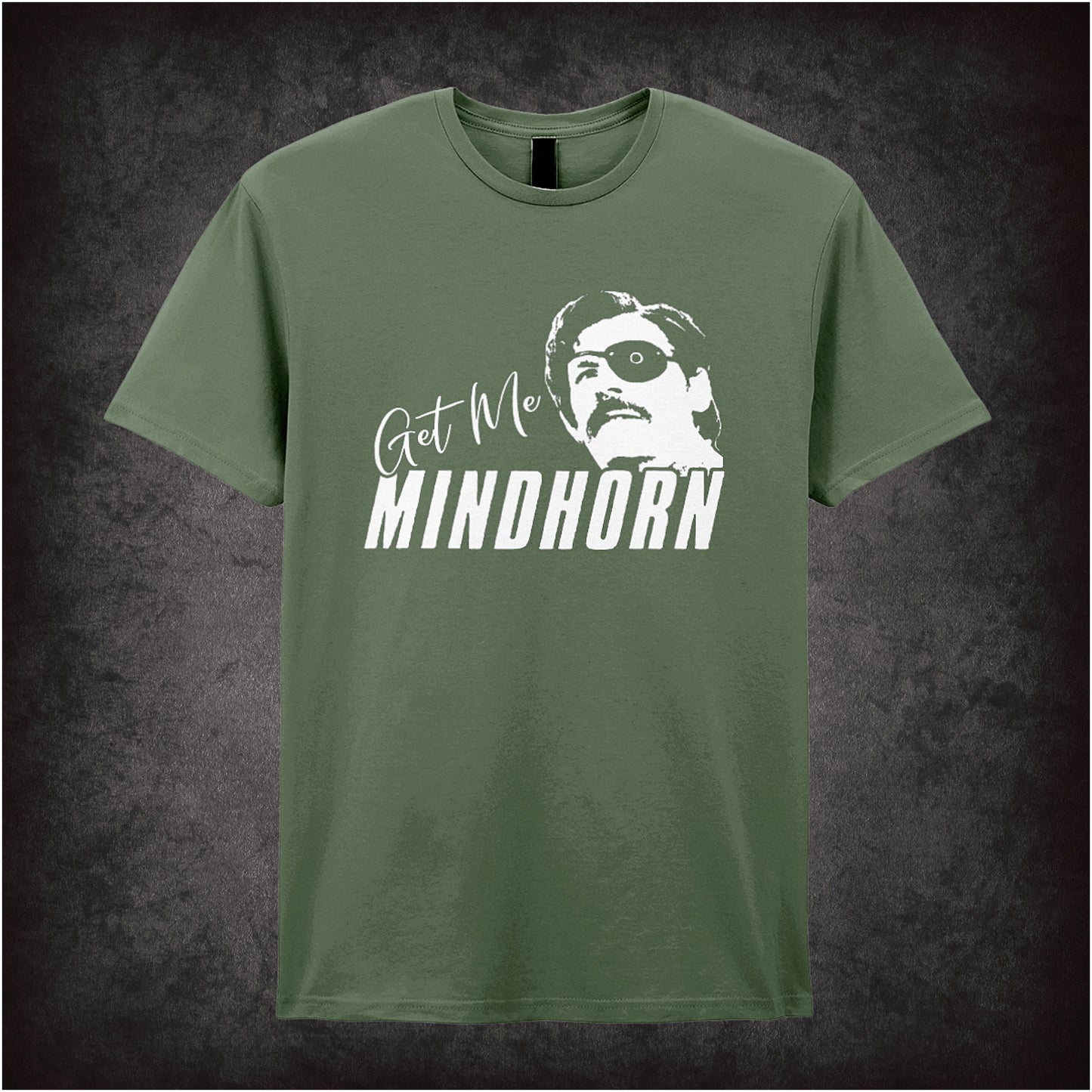 Get Me Mindhorn inspired soft style military green unisex T-shirt featuring bold retro design based on the cult British comedy film, perfect for fans of Mindhorn.
