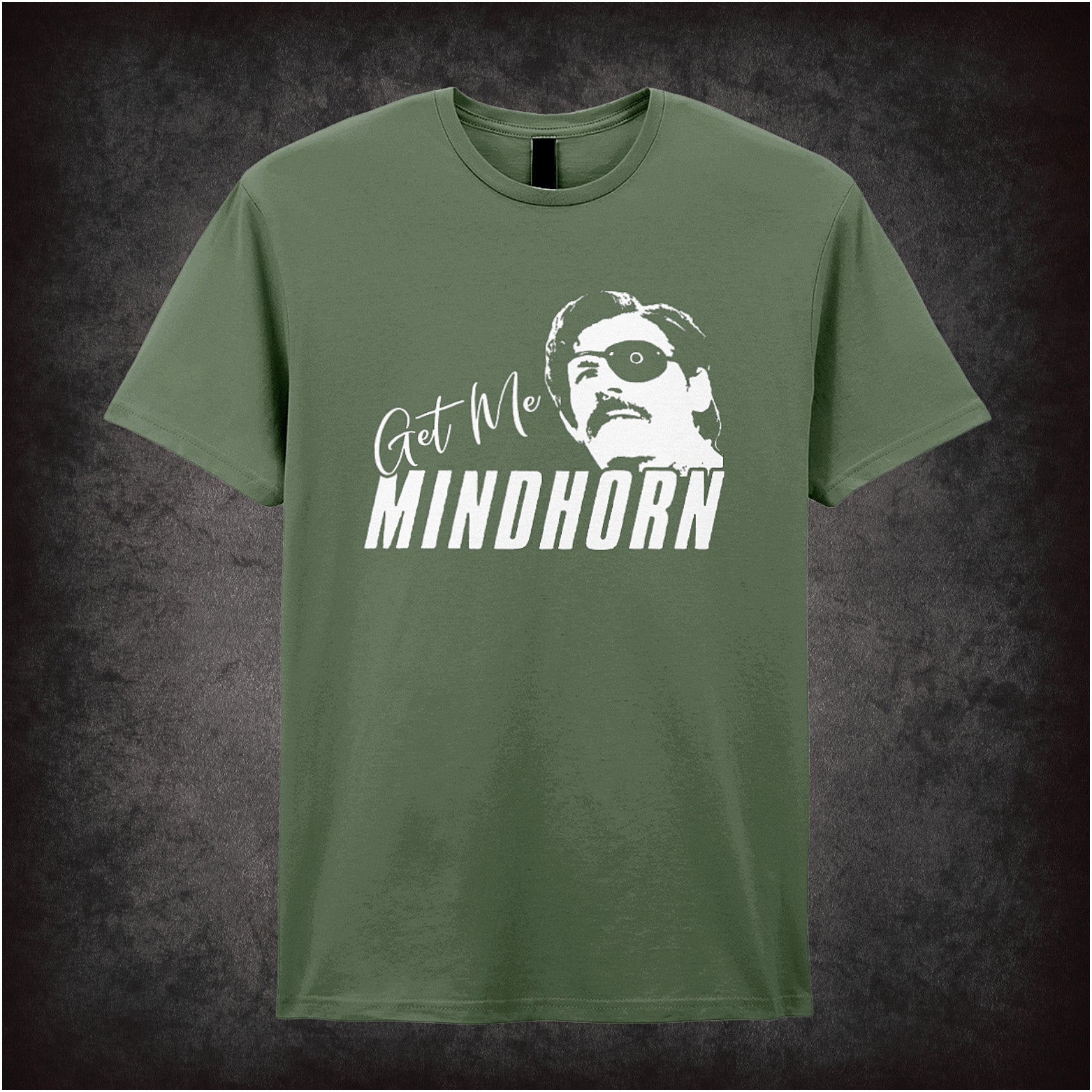 Get Me Mindhorn inspired soft style military green unisex T-shirt featuring bold retro design based on the cult British comedy film, perfect for fans of Mindhorn.