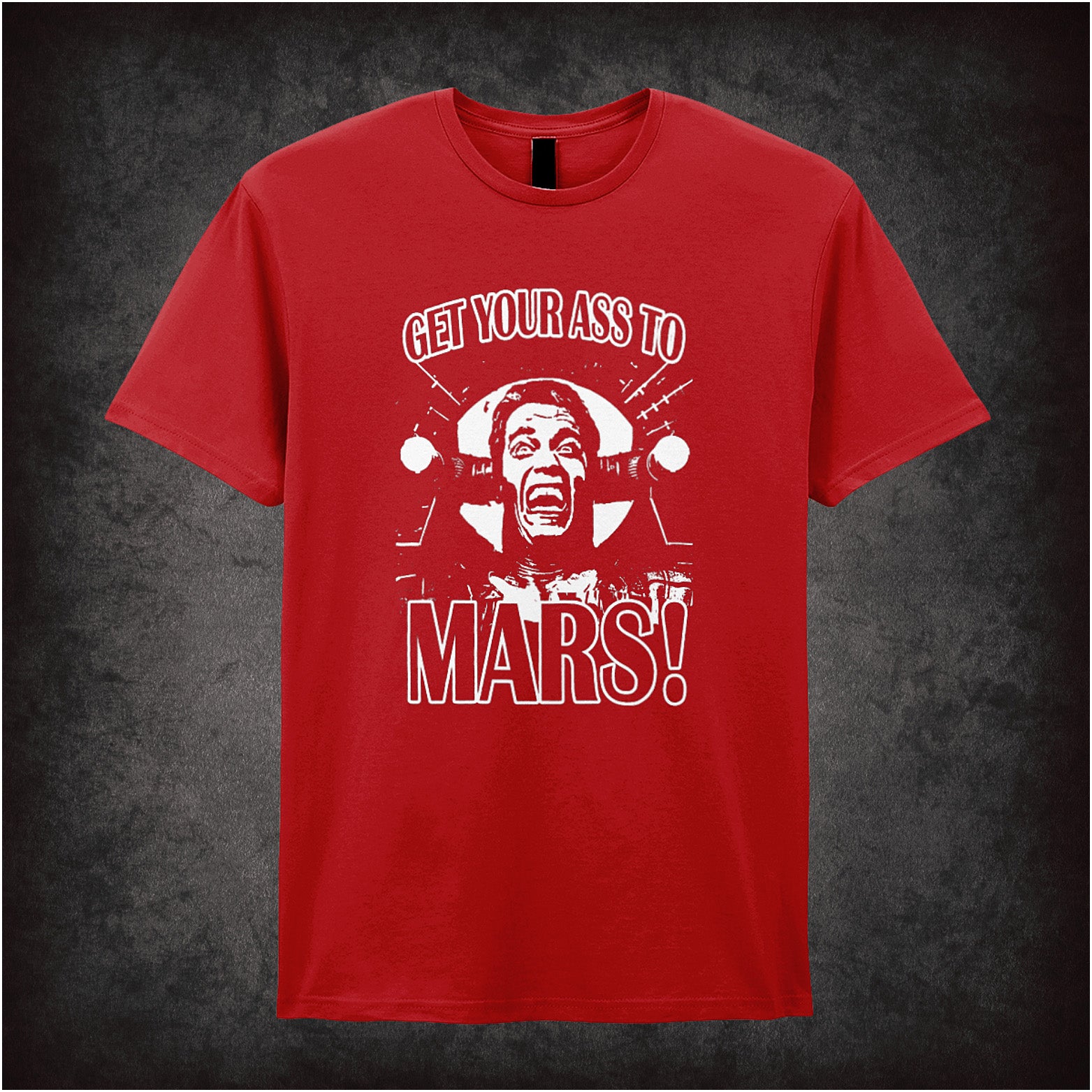 red unisex t-shirt featuring the phrase "Get Your Ass to Mars!" alongside an image of Arnold Schwarzenegger, inspired by Total Recall.