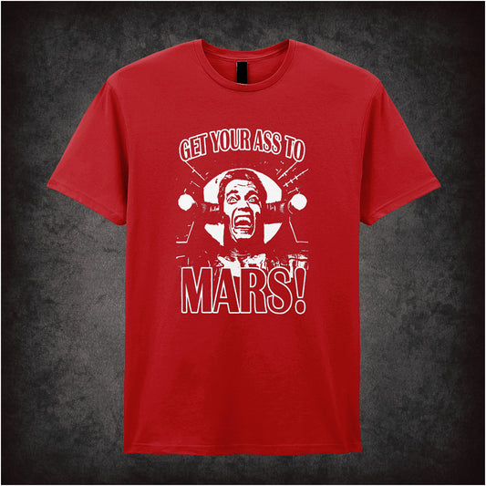red unisex t-shirt featuring the phrase "Get Your Ass to Mars!" alongside an image of Arnold Schwarzenegger, inspired by Total Recall.