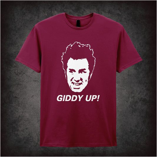 cardinal red soft style unisex T-shirt featuring the phrase "Giddy Up!" inspired by Seinfeld, displayed in bold, playful lettering.