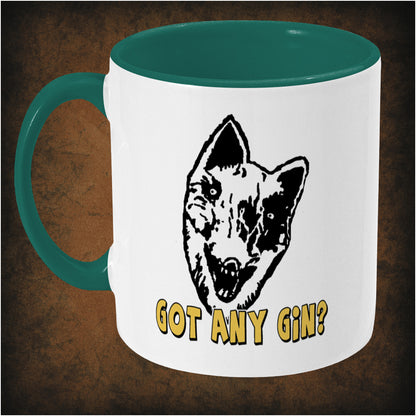 Donald Cox ‘Got Any Gin?’ two-toned mug inspired by Shooting Stars, left hand side featuring humorous TV show quote, retro comedy design, and collectible British pop culture merchandise.