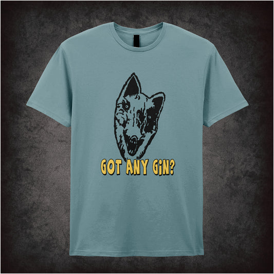 light blue soft style unisex T-shirt featuring the quote "Donald Cox – Got Any Gin?" inspired by Shooting Stars, with bold, playful typography.