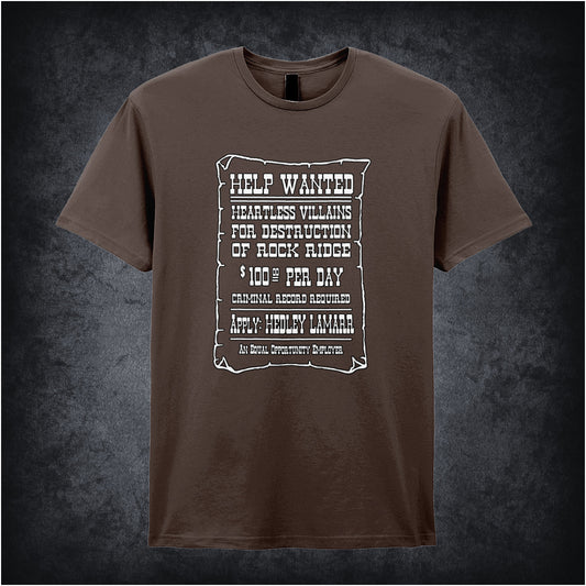 chocolate unisex T-shirt featuring a “Help Wanted” poster design inspired by Blazing Saddles, with vintage western typography and distressed details.