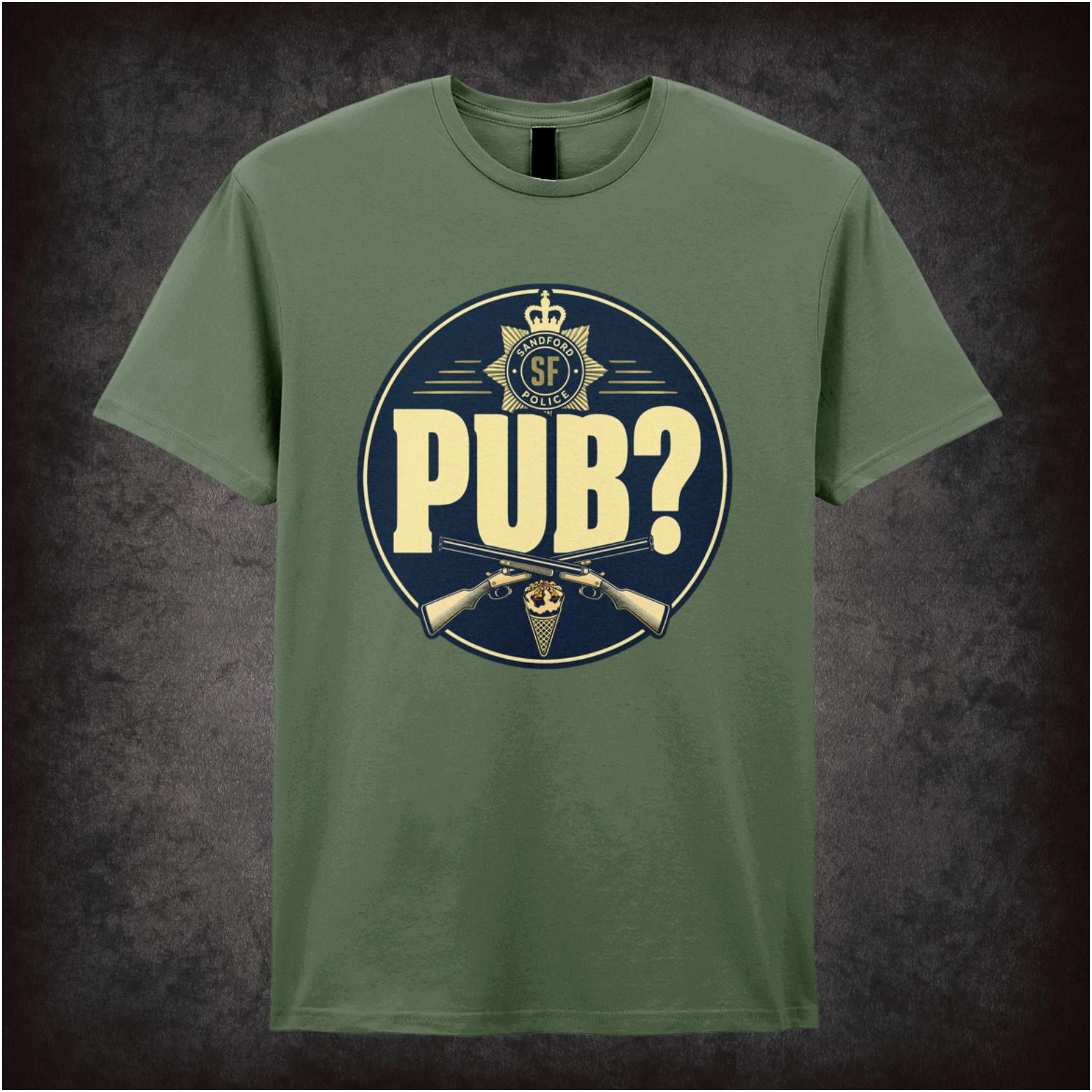 ‘sandford police PUB?’ T-shirt from Hot Fuzz
