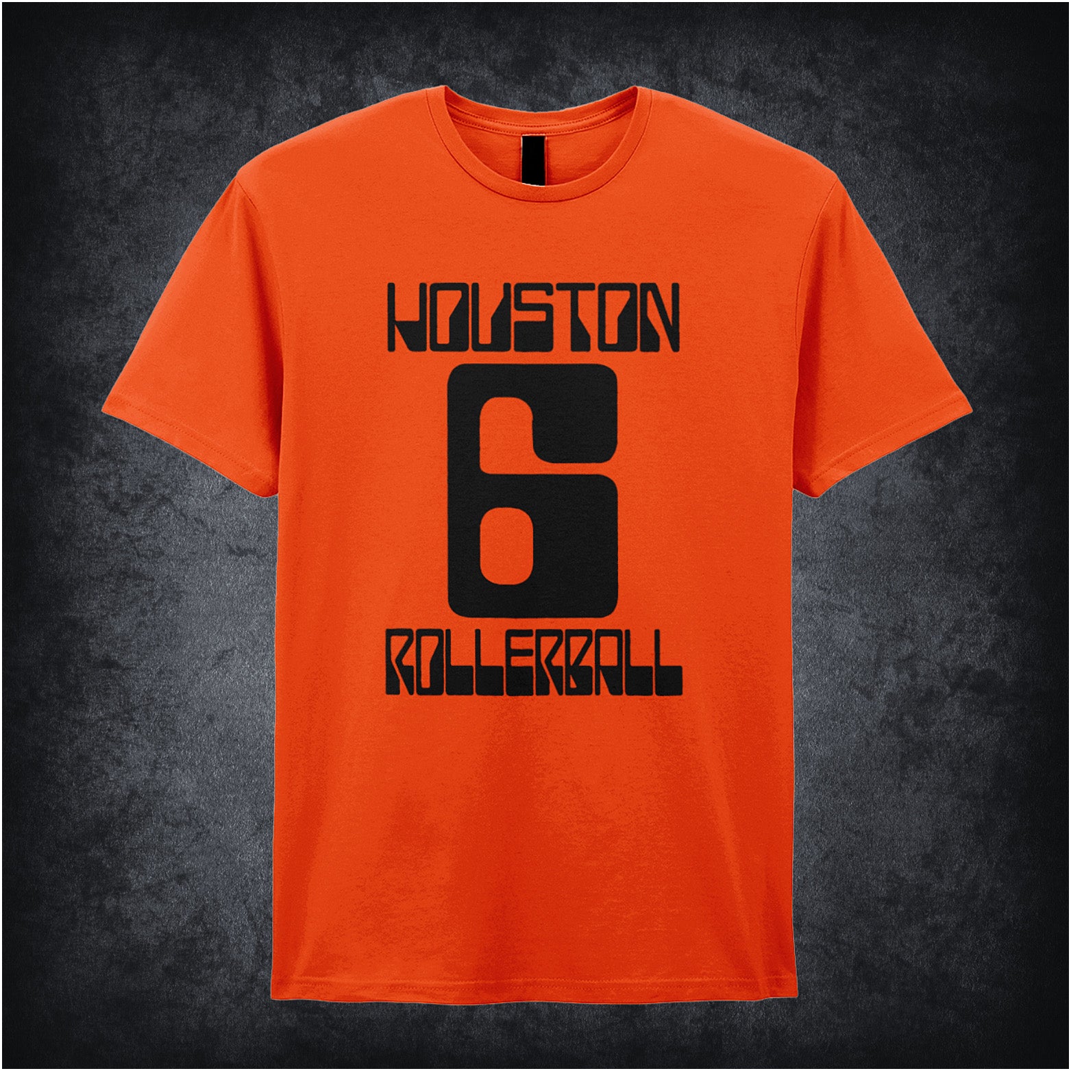 orange unisex T-shirt featuring “Houston Rollerball 6” design inspired by Rollerball, displayed in bold white lettering with a sporty, futuristic style.