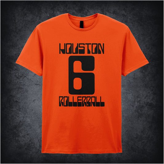 orange unisex T-shirt featuring “Houston Rollerball 6” design inspired by Rollerball, displayed in bold white lettering with a sporty, futuristic style.