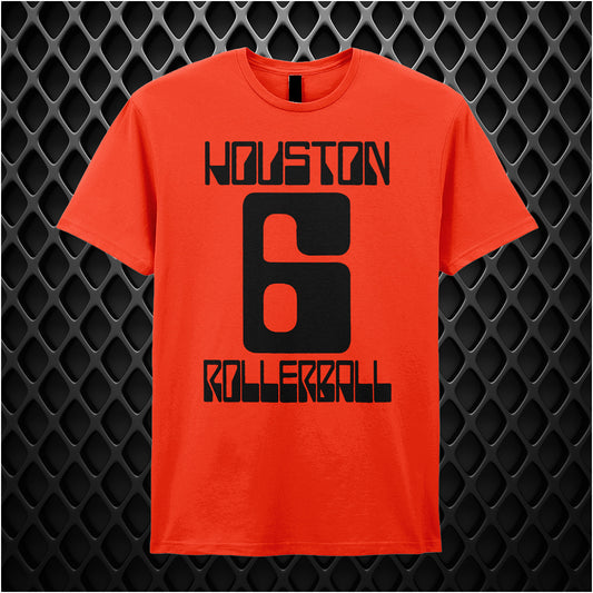 orange unisex T-shirt featuring “Houston Rollerball 6” design inspired by Rollerball, displayed in bold white lettering with a sporty, futuristic style.
