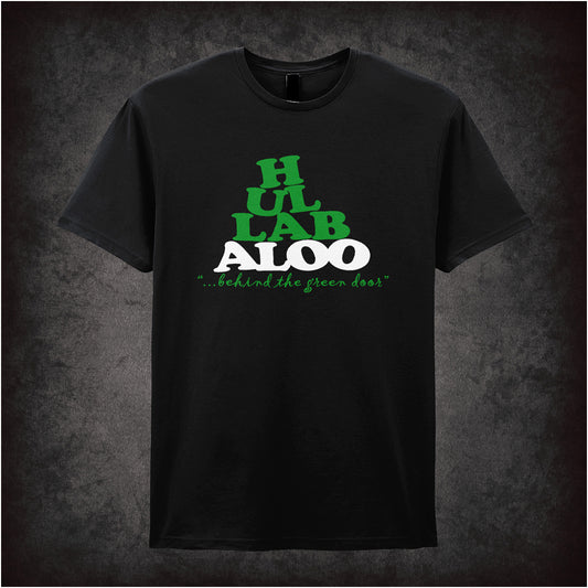 Once Upon a Time in Hollywood inspired unisex black t-shirt with quote 'Hullabaloo Behind the Green Door' soft style graphic tee