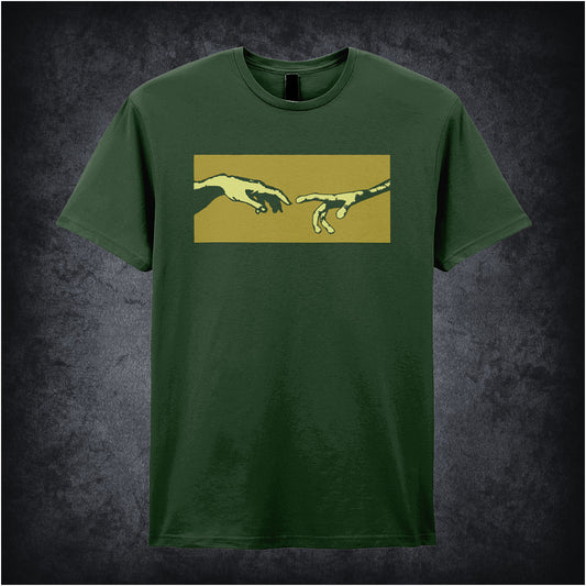 forest unisex t-shirt featuring a detailed illustration of a human hand and an alien hand reaching toward each other, their fingers nearly touching in a symbolic gesture of contact.