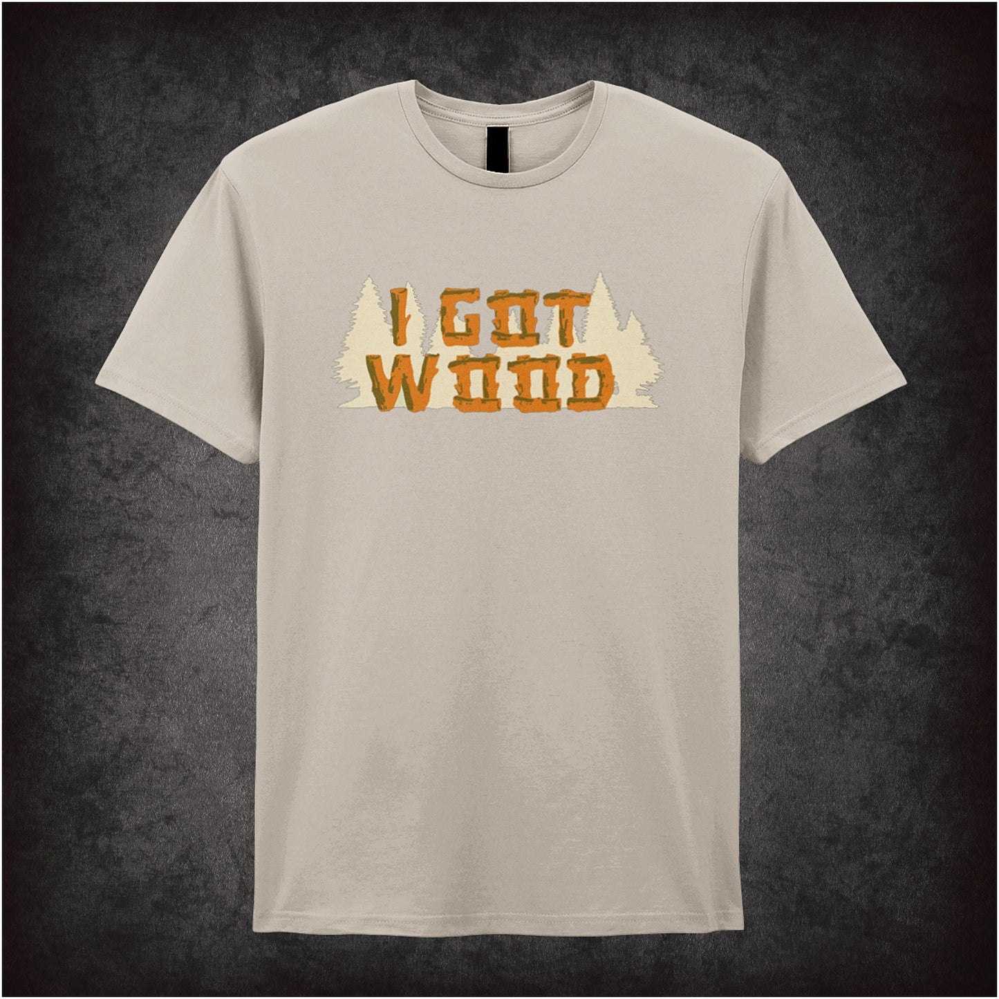 I Got Wood Shaun of the Dead inspired soft style sand unisex T-shirt featuring iconic comedy design, perfect for zombie movie fans and pop culture lovers.