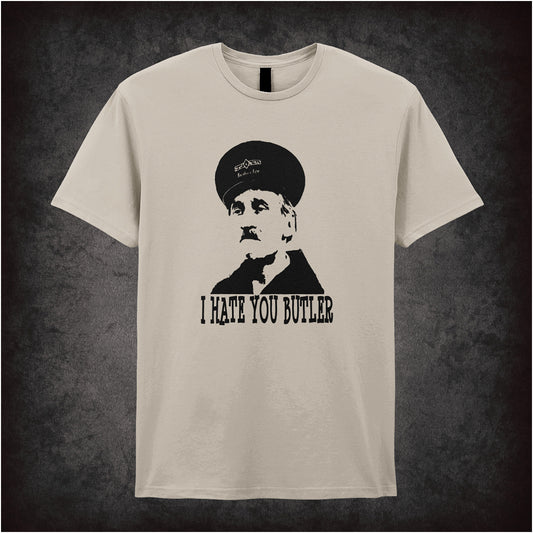 natural soft style unisex T-shirt featuring the bold text "I Hate You Butler," inspired by On the Buses, designed in a retro comedy style.