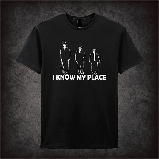 I Know My Place unisex black t-shirt inspired by The Frost Report comedy sketch soft style retro British TV fan apparel