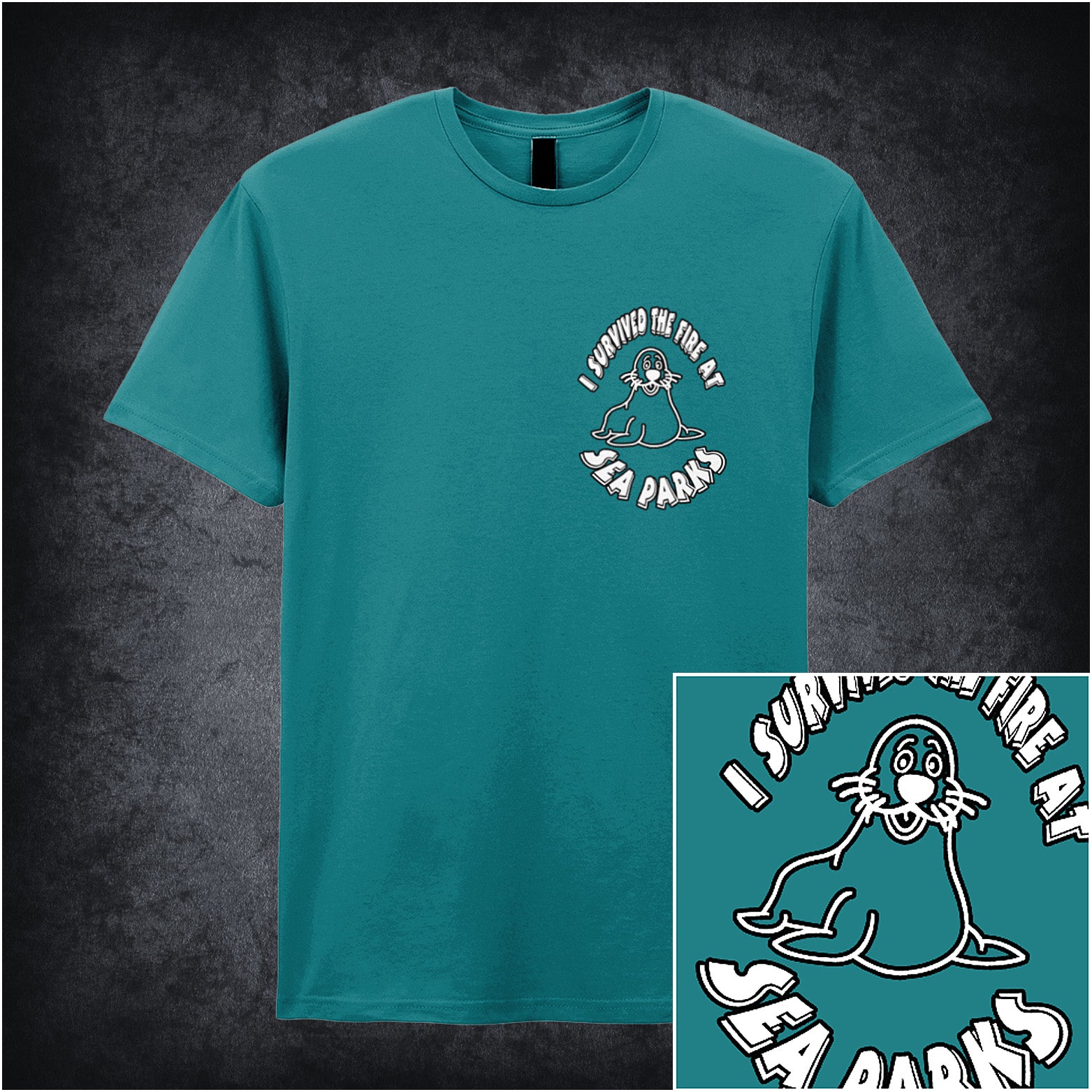 indigo soft style unisex T-shirt featuring the phrase "I Survived the Fire at Sea Parks" inspired by The IT Crowd, with bold, playful typography.
