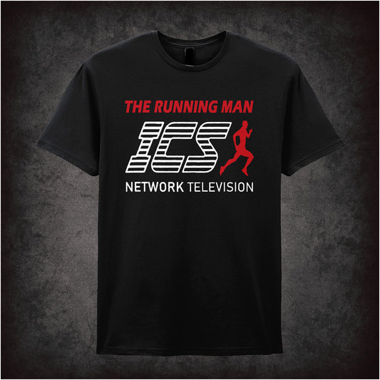 black unisex T-shirt featuring the ICS Network Television logo from The Running Man, designed in bold, futuristic lettering.