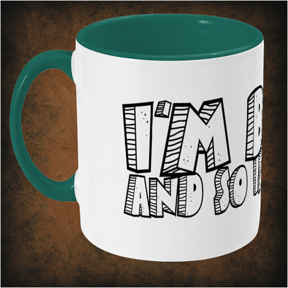 Two-tone ceramic mug featuring Monty Python quote 'I'm Brian and so is my wife', wrap-around print, left hand side dishwasher and microwave safe comedy mug.