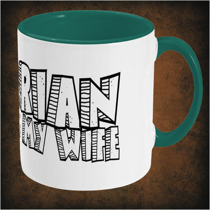 Two-tone ceramic mug featuring Monty Python quote 'I'm Brian and so is my wife', wrap-around print, right hand side dishwasher and microwave safe comedy mug.