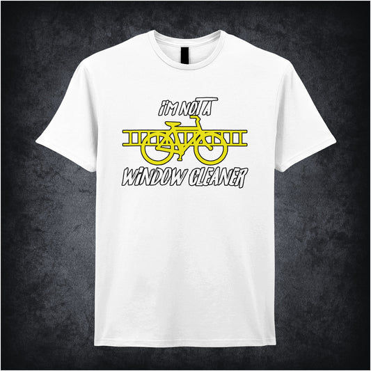 white soft style unisex T-shirt featuring the quote "I'm Not a Window Cleaner" inspired by The IT Crowd, printed in bold, humorous lettering.