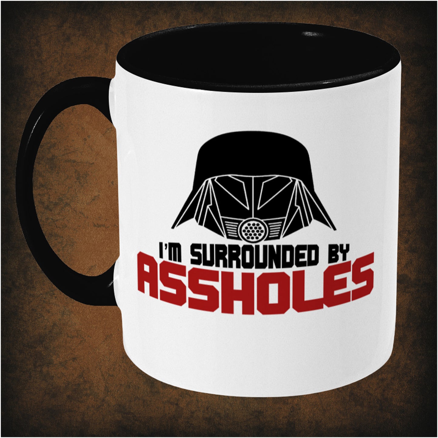 I’m Surrounded by Assholes’ two-toned mug inspired by Spaceballs, left hand side featuring iconic comedy movie quote, bold design, and collectible Mel Brooks film merchandise for sci-fi parody fans.