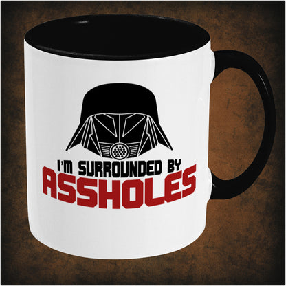 I’m Surrounded by Assholes’ two-toned mug inspired by Spaceballs, right hand side featuring iconic comedy movie quote, bold design, and collectible Mel Brooks film merchandise for sci-fi parody fans.