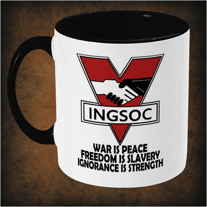 Ingsoc ‘War Is Peace’ two-toned mug inspired by 1984, left hand side featuring dystopian propaganda design, bold typography, and collectible Orwell-themed merchandise.