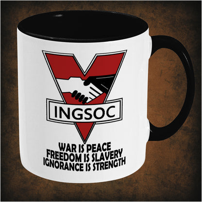 Ingsoc ‘War Is Peace’ two-toned mug inspired by 1984, right hand side featuring dystopian propaganda design, bold typography, and collectible Orwell-themed merchandise.