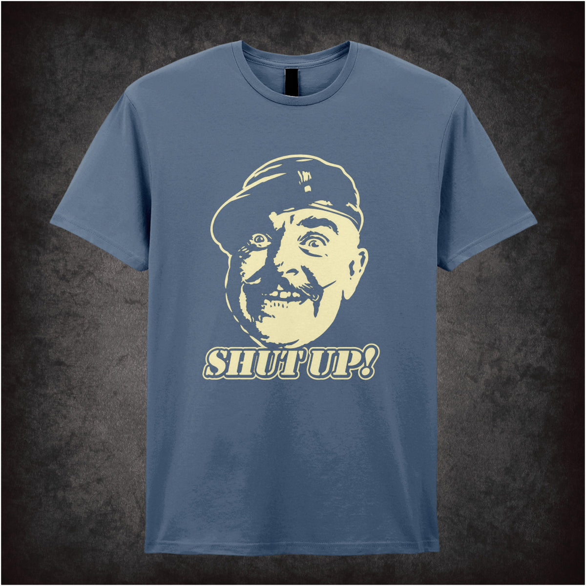 “Sergeant Major Williams ‘Shut up!’ T-shirt in indigo from It Ain’t Half Hot Mum”