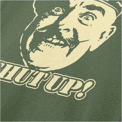 “Sergeant Major Williams ‘Shut up!’ close up T-shirt in military green from It Ain’t Half Hot Mum”