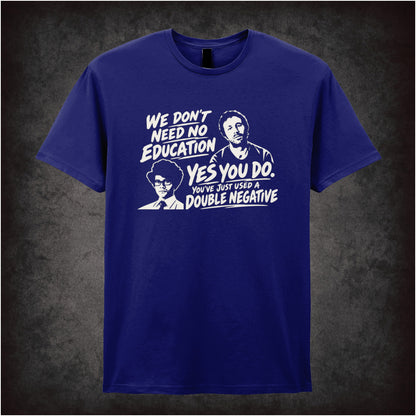 “Roy & Moss ‘We don’t need no education… Yes you do, you’ve just used a double negative’ T-shirt in navy from The IT Crowd”
