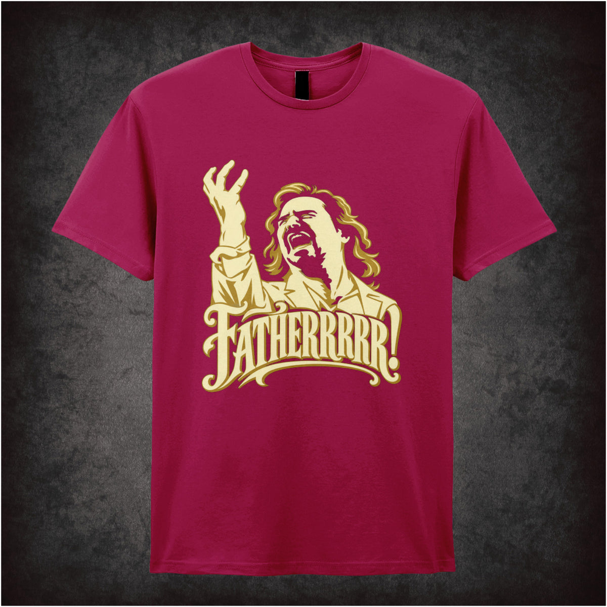“Douglas Reynholm ‘Fatherrrrr!’ T-shirt in cardinal red from The IT Crowd”
