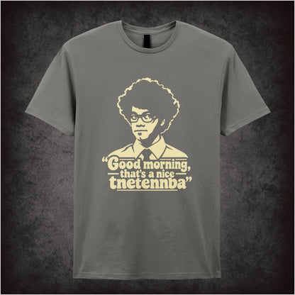“Moss ‘Good morning, that’s a nice tnetennba’ T-shirt in charcoal from The IT Crowd”