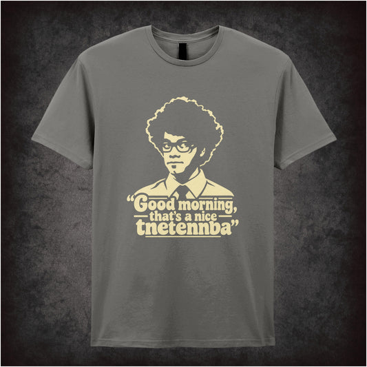 “Moss ‘Good morning, that’s a nice tnetennba’ T-shirt in charcoal from The IT Crowd”