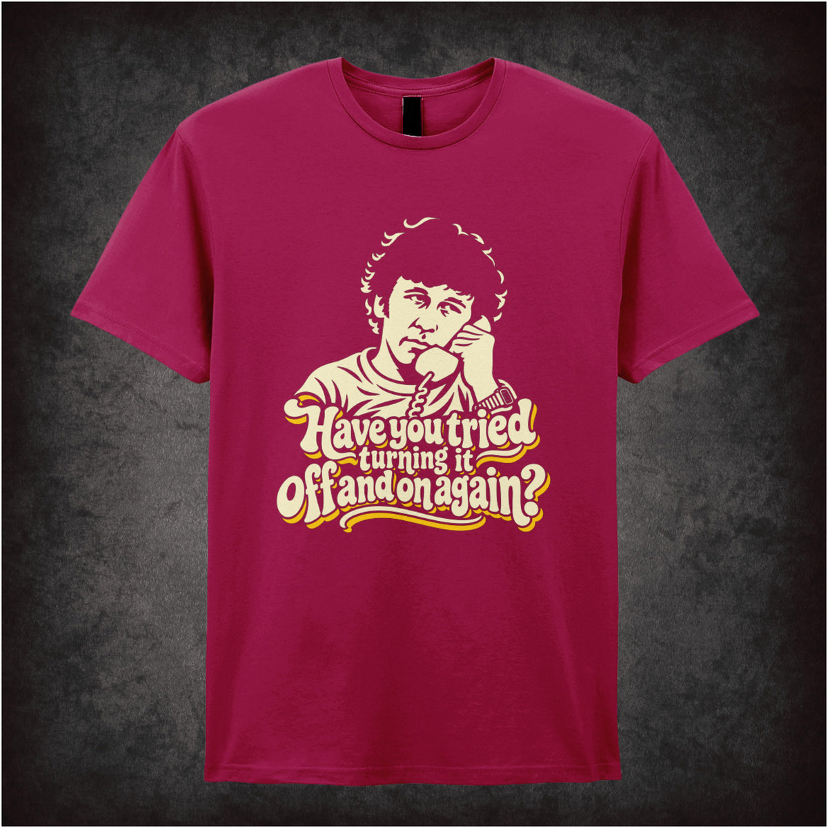  "‘Have you tried turning it off and on again?' T-shirt in cardinal red from The IT Crowd”