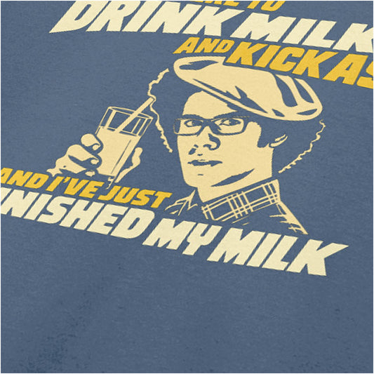 “Maurice Moss ‘I came here to drink milk and kick ass… and I’ve just finished my milk’ close up T-shirt in indigo from The IT Crowd”