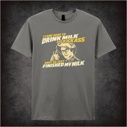 “Maurice Moss ‘I came here to drink milk and kick ass… and I’ve just finished my milk’ T-shirt in charcoal from The IT Crowd”