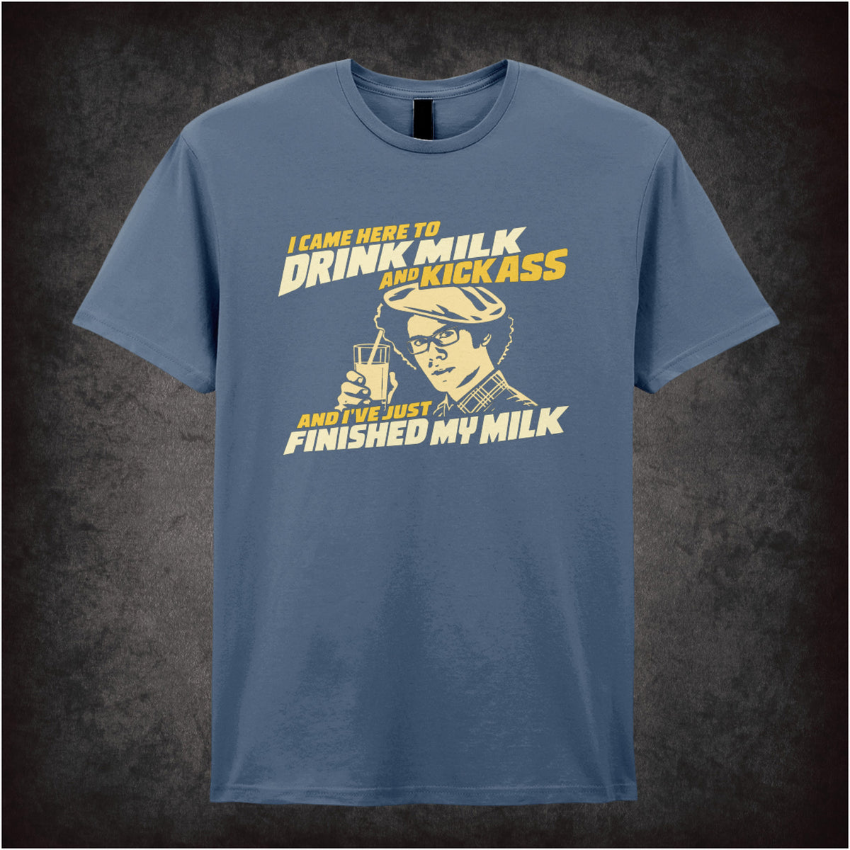 “Maurice Moss ‘I came here to drink milk and kick ass… and I’ve just finished my milk’ T-shirt in indigo from The IT Crowd”