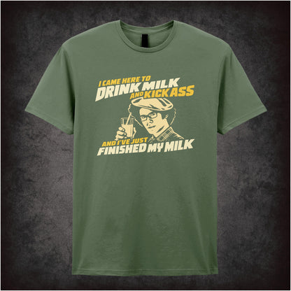 “Maurice Moss ‘I came here to drink milk and kick ass… and I’ve just finished my milk’ T-shirt in military green from The IT Crowd”