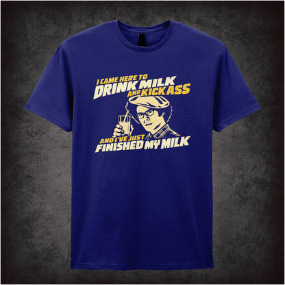 “Maurice Moss ‘I came here to drink milk and kick ass… and I’ve just finished my milk’ T-shirt in navy from The IT Crowd”
